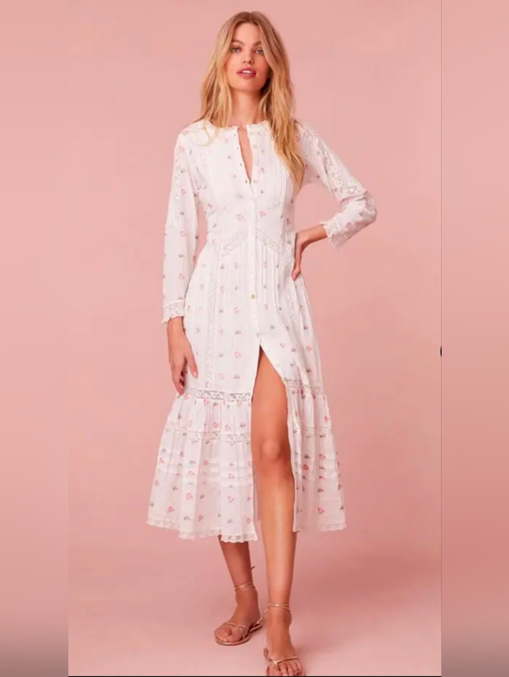 LoveShackFancy White Midi Dress with Pink Floral Print